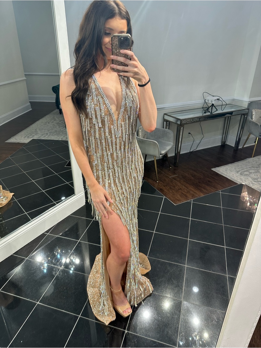 Sequin Fringe Plunge Halter Evening Dress in Gold